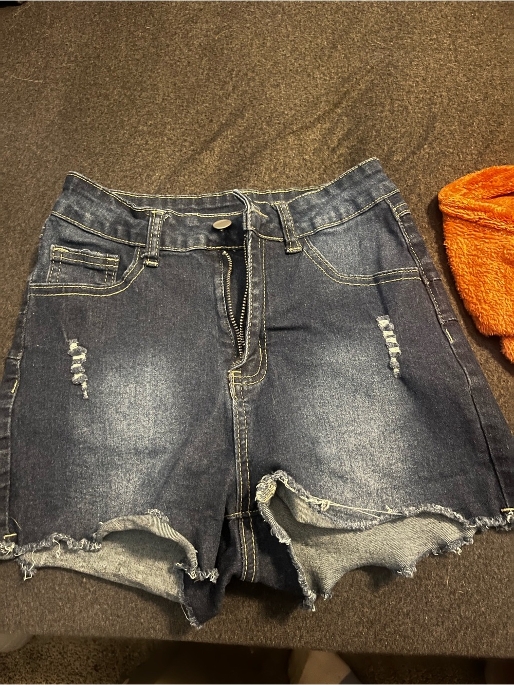 Classic High-Waist Dark Blue Denim Shorts with Distressed Hem